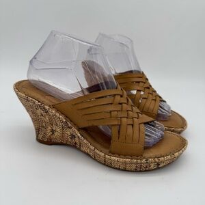 Born Drilles Tan Woven Leather Slip On Wedge Heel Sandal Size 9